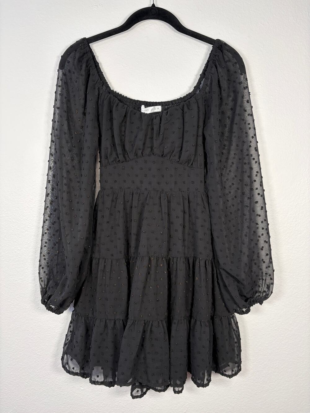 Altar'd State Black Metallic Swiss Dot Long Sleeve Dakota Clip Dot Mini Dress